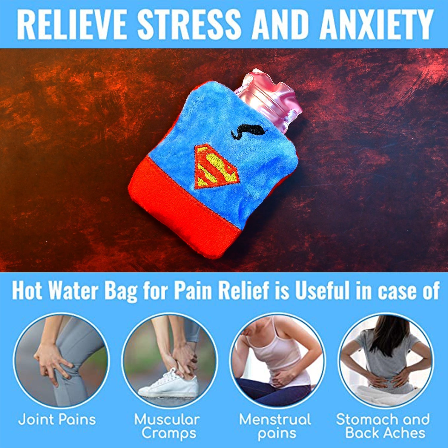 6530 Superman Print small Hot Water Bag with Cover for Pain Relief, Neck, Shoulder Pain and Hand, Feet Warmer, Menstrual Cramps. 6530 Superman Print small Hot Water Bag with Cover for Pain Relief, Neck, Shoulder Pain and Hand, Feet Warmer, Menstrual Cramps.